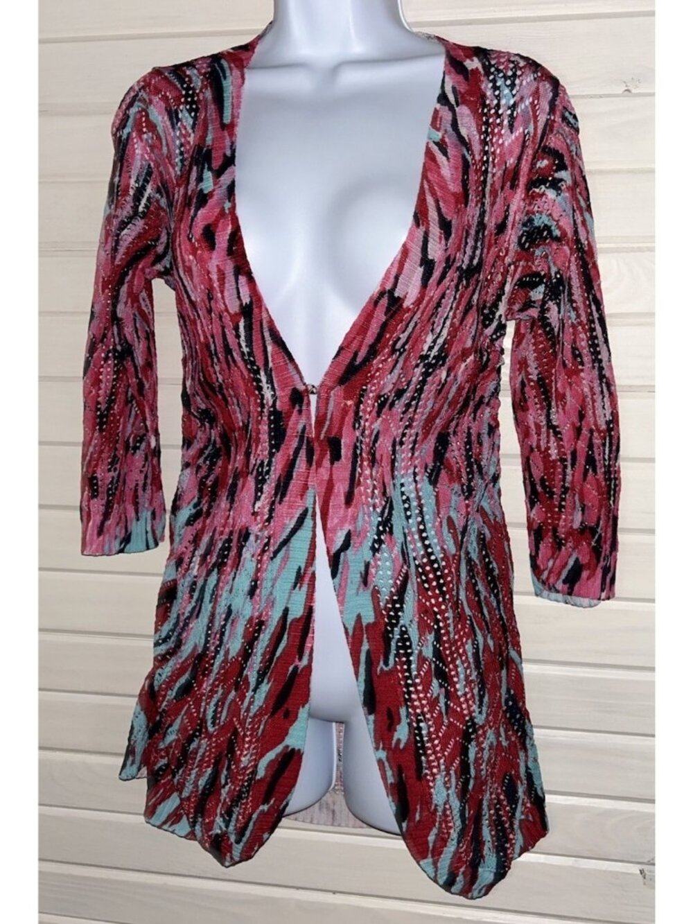 ALBERTO MAKALI Sz ?? (See Meas) Pink Aqua Red Black Lightweight Stretch Cardigan